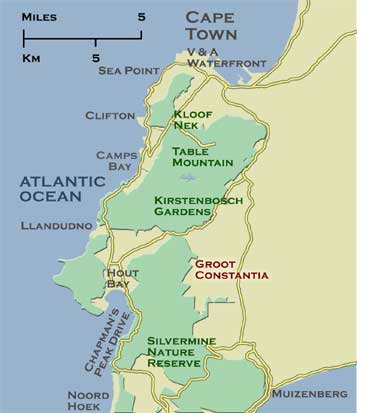 Map: locale of Groot Constantia Historic Wine Estate, Cape Town